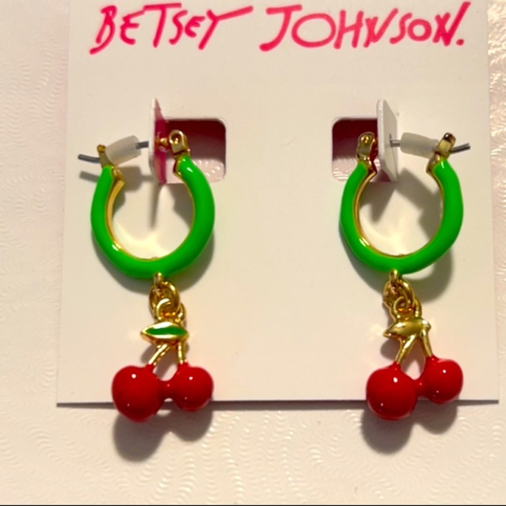 New Betsey Johnson Cherry Huggie Earrings - Picture 5 of 8